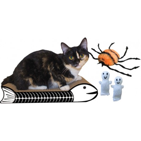 Fishbone Halloween Cat Scratcher and Toy Kit